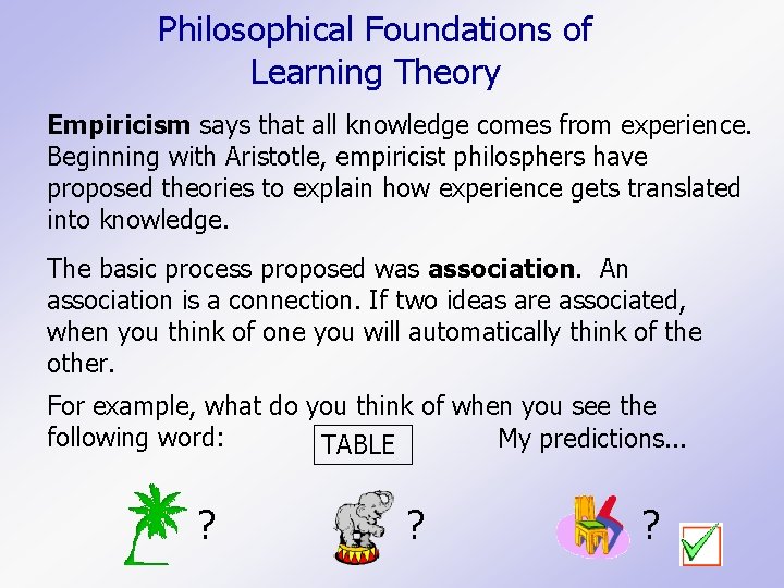 Philosophical Foundations of Learning Theory Empiricism says that all knowledge comes from experience. Beginning Philosophical Foundations of Learning Theory Empiricism says that all knowledge comes from experience. Beginning