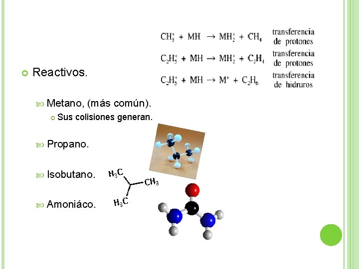  Reactivos. Metano, (más común). Sus colisiones generan. Propano. Isobutano. Amoniáco. 