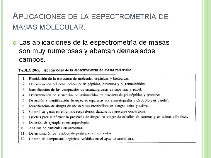 APLICACIONES DE LA ESPECTROMETRÍA DE MASAS MOLECULAR. Las aplicaciones de la espectrometría de masas