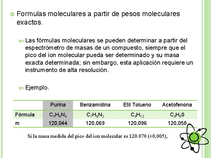  Formulas moleculares a partir de pesos moleculares exactos. Las fórmulas moleculares se pueden