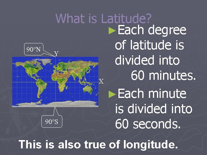 90°N What is Latitude? ►Each degree of latitude is Y divided into 60 minutes.