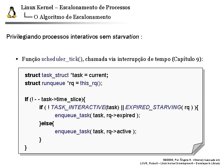 Linux Kernel – Escalonamento de Processos O Algoritmo de Escalonamento Privilegiando processos interativos sem