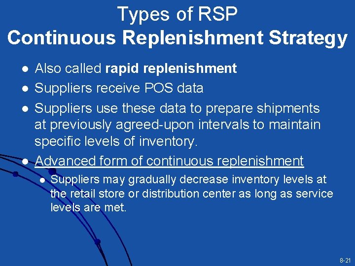 Types of RSP Continuous Replenishment Strategy l l Also called rapid replenishment Suppliers receive