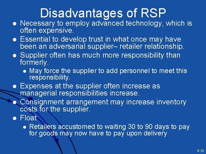 Disadvantages of RSP l l l Necessary to employ advanced technology, which is often