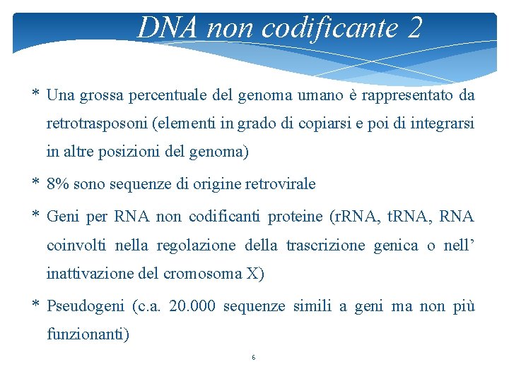 DNA non codificante 2 * Una grossa percentuale del genoma umano è rappresentato da