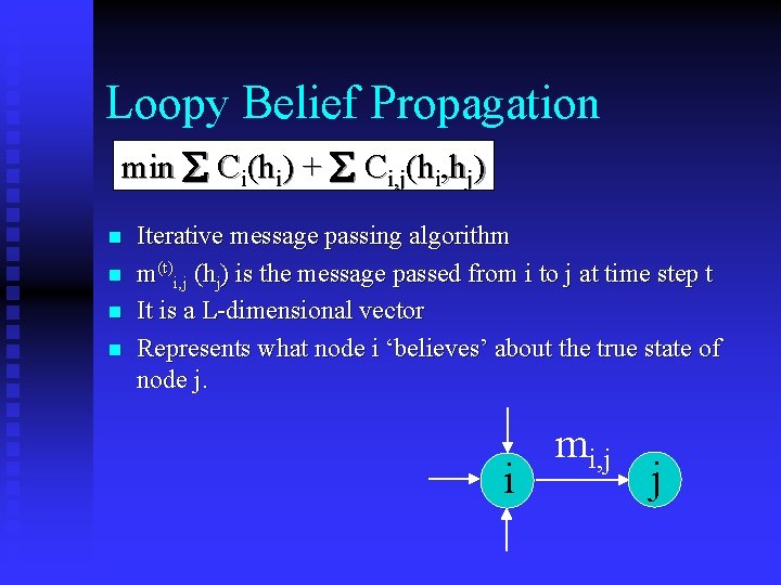 Loopy Belief Propagation min Ci(hi) + Ci, j(hi, hj) n n Iterative message passing