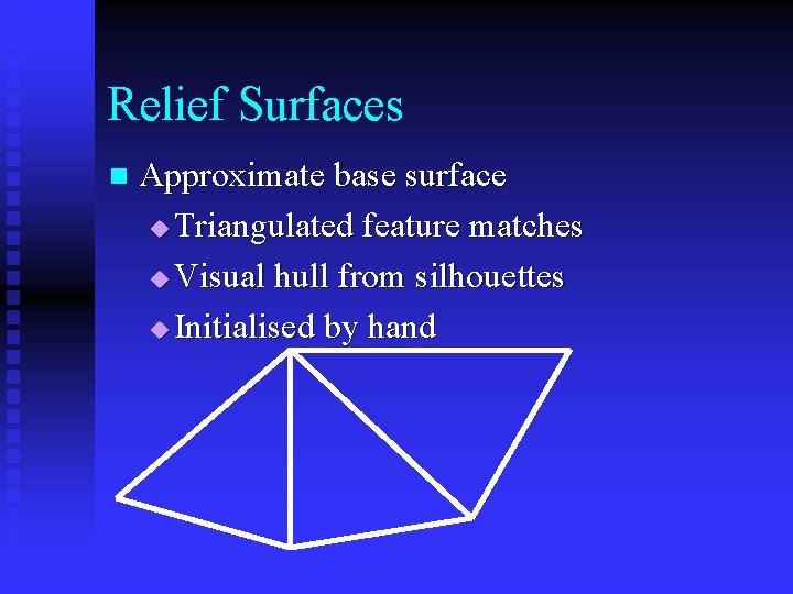 Relief Surfaces n Approximate base surface u Triangulated feature matches u Visual hull from