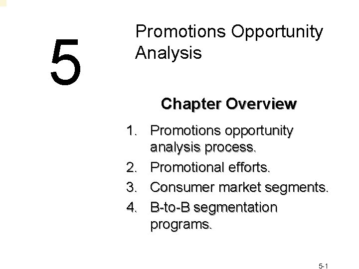 5 Promotions Opportunity Analysis Chapter Overview 1. Promotions opportunity analysis process. 2. Promotional efforts.