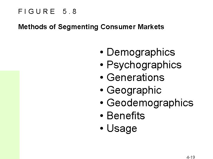 FIGURE 5. 8 Methods of Segmenting Consumer Markets • Demographics • Psychographics • Generations