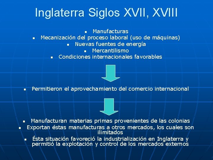 Inglaterra Siglos XVII, XVIII Manufacturas Mecanización del proceso laboral (uso de máquinas) n Nuevas