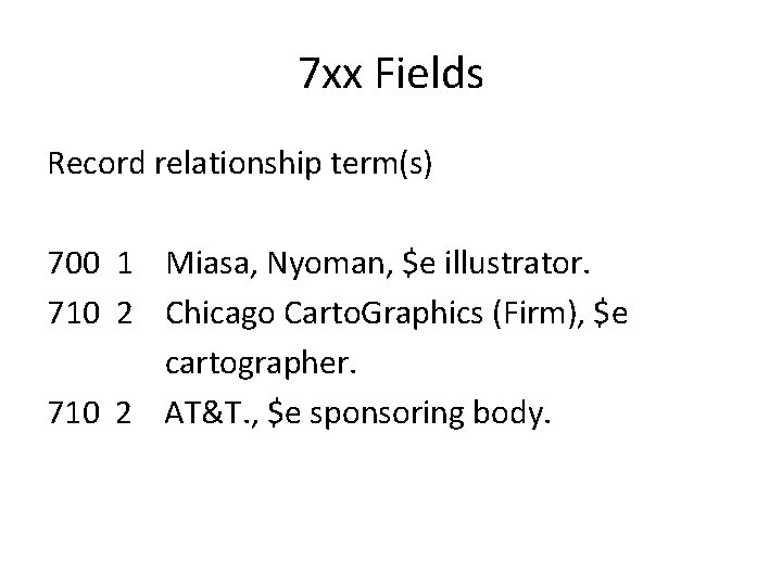7 xx Fields Record relationship term(s) 700 1 Miasa, Nyoman, $e illustrator. 710 2 7 xx Fields Record relationship term(s) 700 1 Miasa, Nyoman, $e illustrator. 710 2