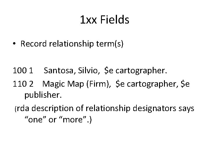 1 xx Fields • Record relationship term(s) 100 1 Santosa, Silvio, $e cartographer. 110 1 xx Fields • Record relationship term(s) 100 1 Santosa, Silvio, $e cartographer. 110