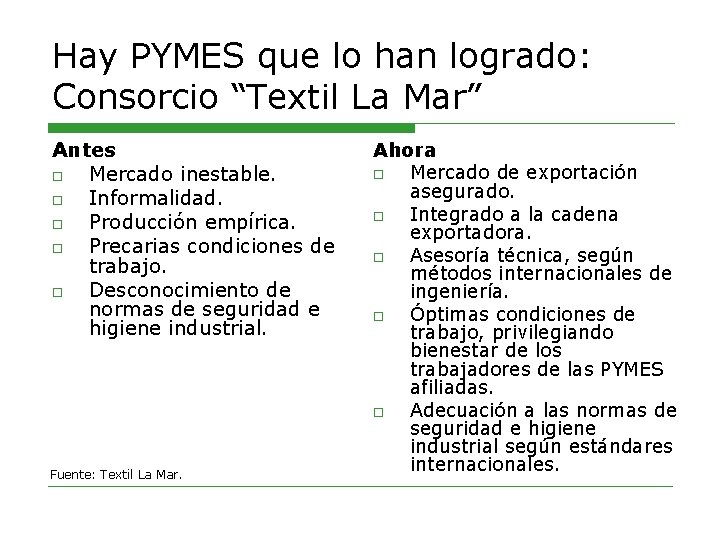 Hay PYMES que lo han logrado: Consorcio “Textil La Mar” Antes o Mercado inestable.