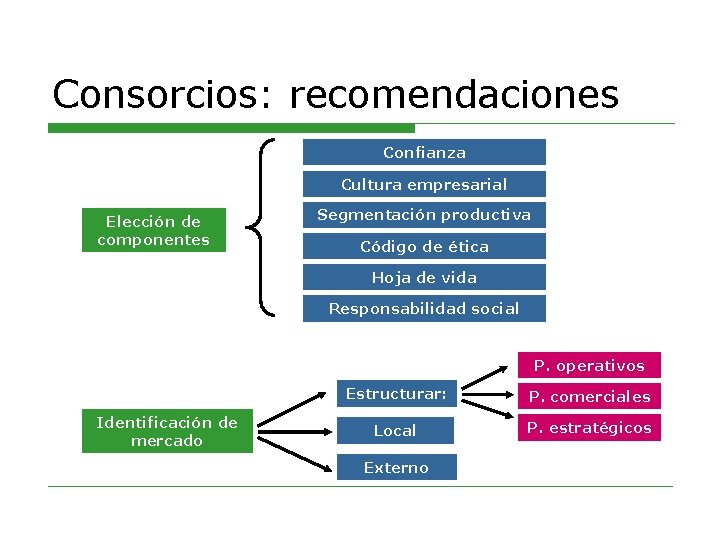 Consorcios: recomendaciones Confianza Cultura empresarial Elección de componentes Segmentación productiva Código de ética Hoja