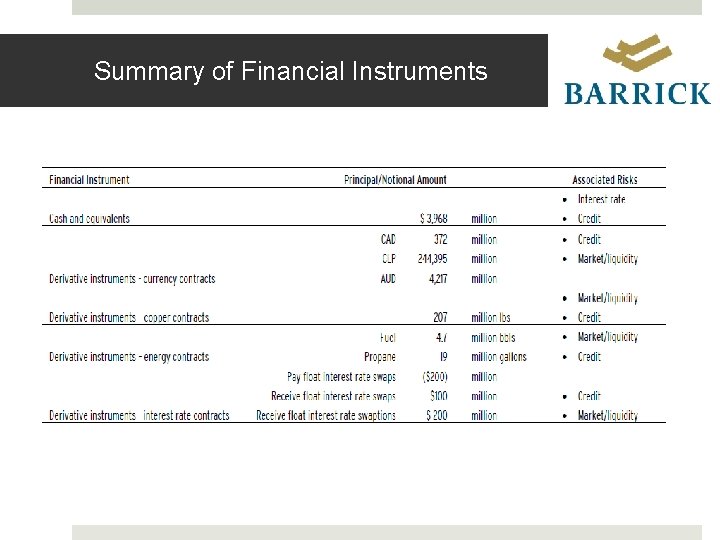 Summary of Financial Instruments 