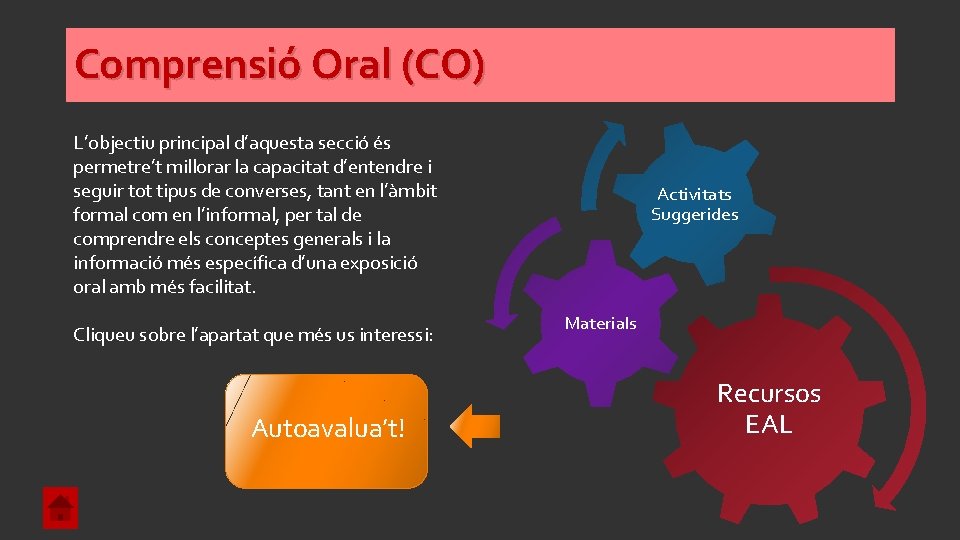 Comprensió Oral (CO) L’objectiu principal d’aquesta secció és permetre’t millorar la capacitat d’entendre i