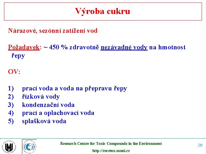 Výroba cukru Nárazové, sezónní zatížení vod Požadavek: ~ 450 % zdravotně nezávadné vody na