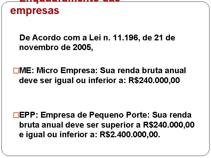 Enquadramento das empresas De Acordo com a Lei n. 11. 196, de 21 de