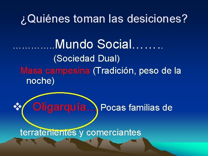 ¿Quiénes toman las desiciones? …………. . Mundo Social……. . (Sociedad Dual) Masa campesina (Tradición,