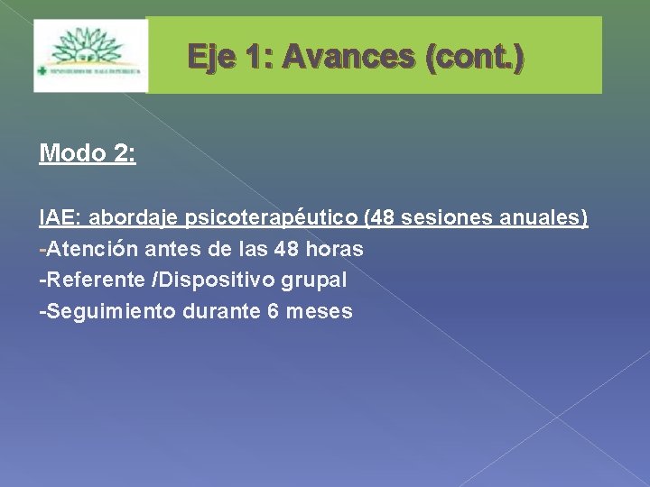 Eje 1: Avances (cont. ) Modo 2: IAE: abordaje psicoterapéutico (48 sesiones anuales) -Atención