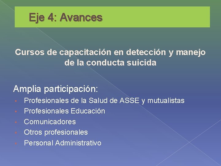 Eje 4: Avances Cursos de capacitación en detección y manejo de la conducta suicida