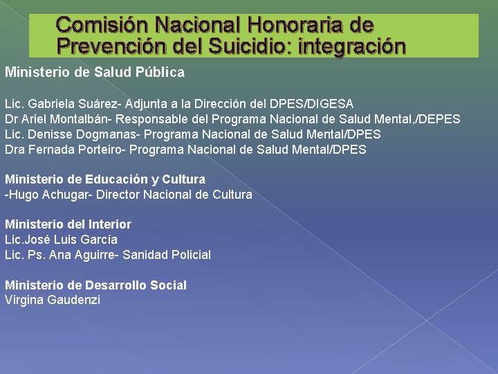 Comisión Nacional Honoraria de Prevención del Suicidio: integración Ministerio de Salud Pública Lic. Gabriela