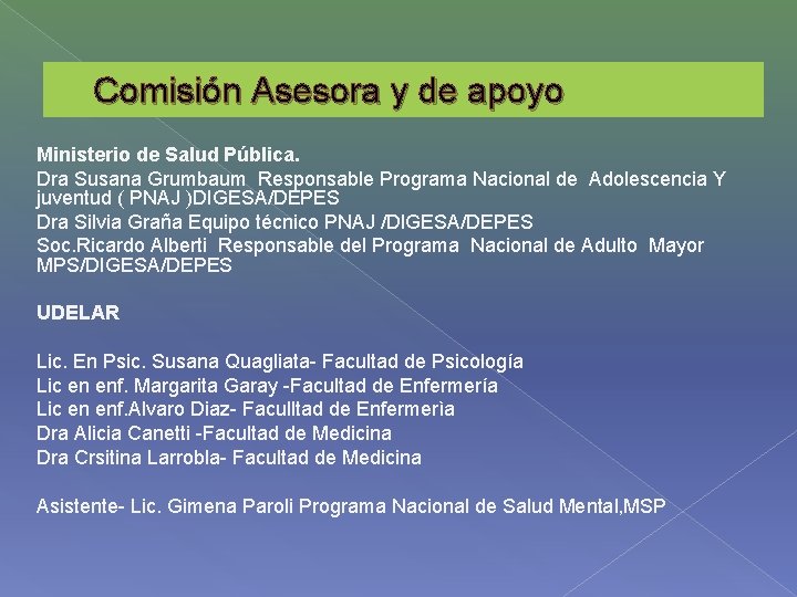 Comisión Asesora y de apoyo Ministerio de Salud Pública. Dra Susana Grumbaum Responsable Programa