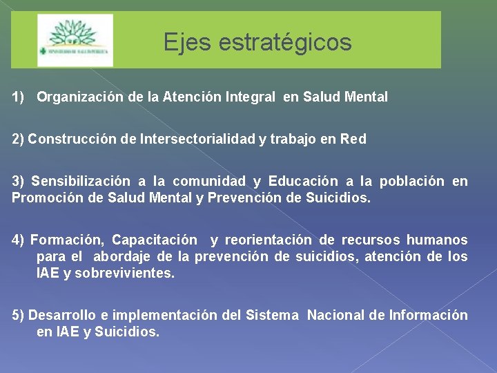 Ejes estratégicos 1) Organización de la Atención Integral en Salud Mental 2) Construcción de