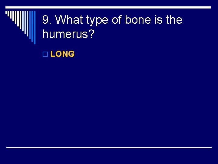 9. What type of bone is the humerus? o LONG 