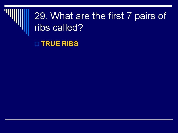 29. What are the first 7 pairs of ribs called? o TRUE RIBS 