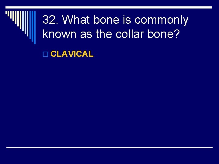 32. What bone is commonly known as the collar bone? o CLAVICAL 