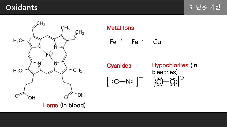 Oxidants 5. 반응 기전 Metal Ions Fe+2 Cyanides Heme (in blood) Fe+3 Cu+2 Hypochlorites