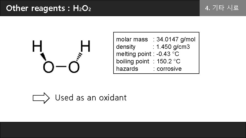 Other reagents : H 2 O 2 4. 기타 시료 molar mass : 34.