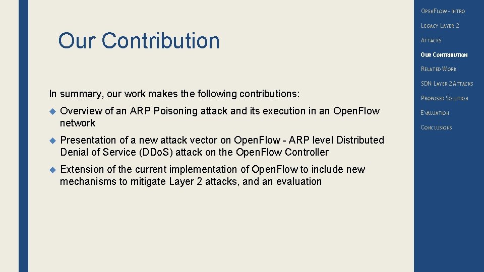 OPENFLOW – INTRO Our Contribution LEGACY LAYER 2 ATTACKS OUR CONTRIBUTION RELATED WORK SDN