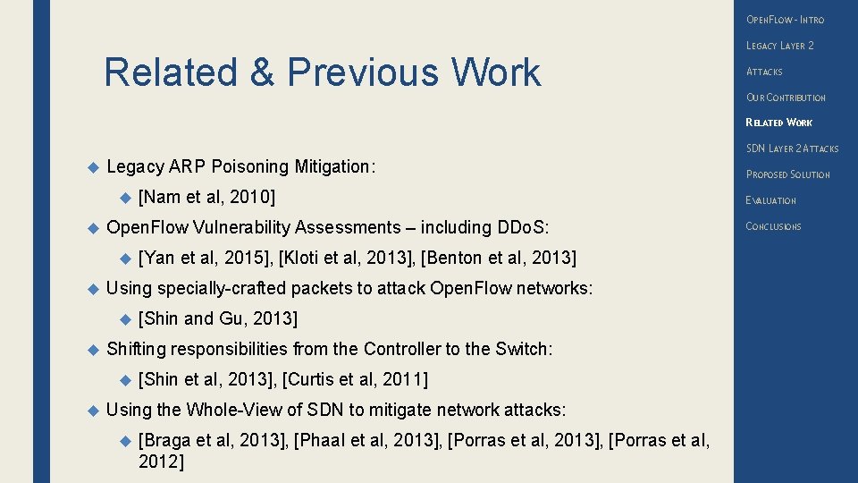 OPENFLOW – INTRO Related & Previous Work LEGACY LAYER 2 ATTACKS OUR CONTRIBUTION RELATED