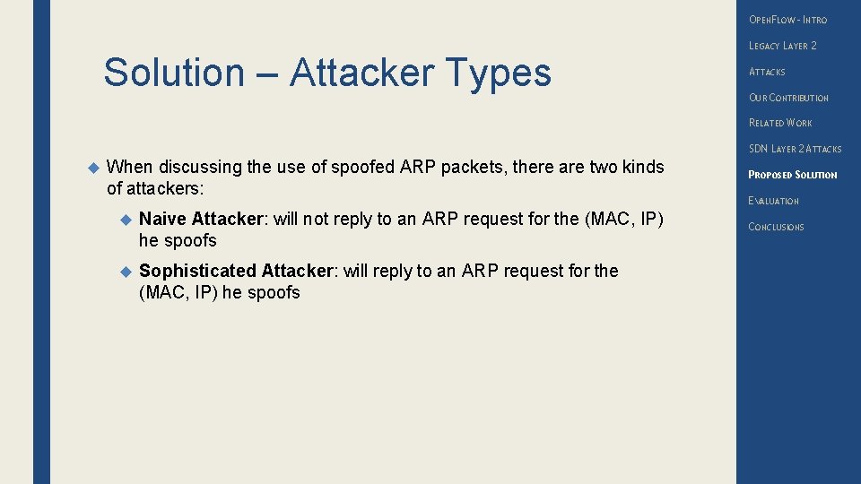 OPENFLOW – INTRO Solution – Attacker Types LEGACY LAYER 2 ATTACKS OUR CONTRIBUTION RELATED