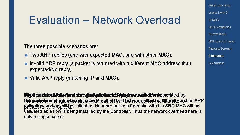 OPENFLOW – INTRO Evaluation – Network Overload LEGACY LAYER 2 ATTACKS OUR CONTRIBUTION RELATED