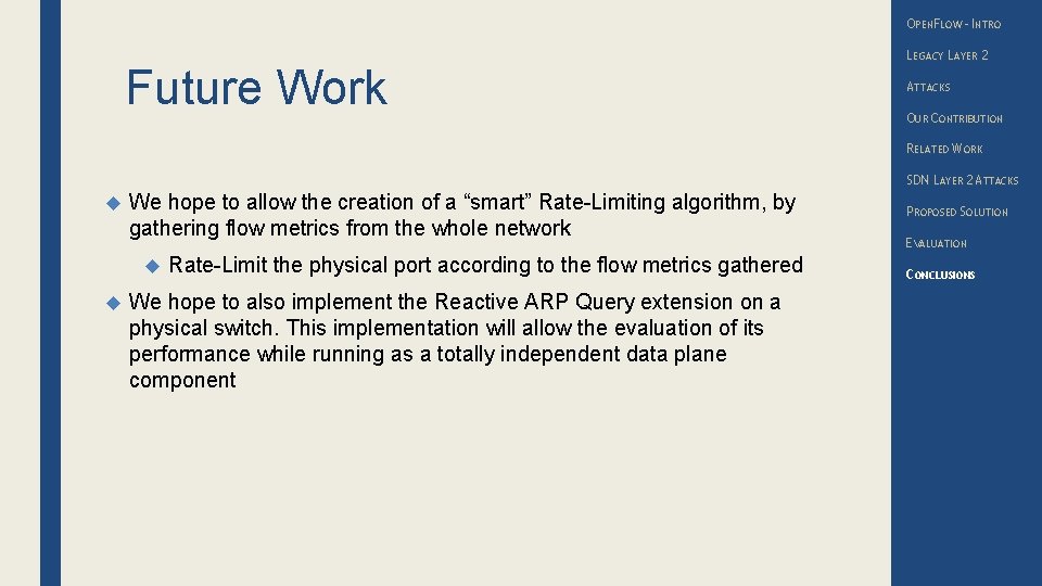 OPENFLOW – INTRO Future Work LEGACY LAYER 2 ATTACKS OUR CONTRIBUTION RELATED WORK SDN
