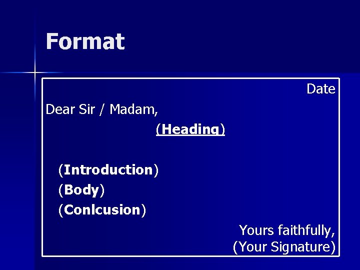 Format Date Dear Sir / Madam, (Heading) (Introduction) (Body) (Conlcusion) Yours faithfully, (Your Signature)