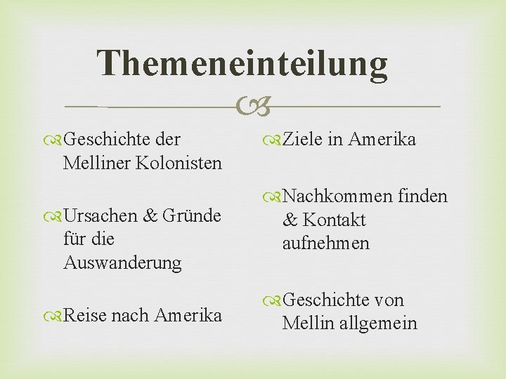 Themeneinteilung Geschichte der Melliner Kolonisten Ursachen & Gründe für die Auswanderung Reise nach Amerika