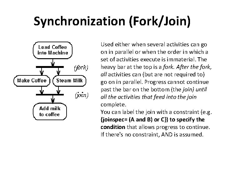 Synchronization (Fork/Join) Used either when several activities can go on in parallel or when