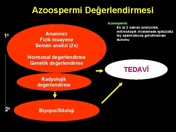 Azoospermi Değerlendirmesi 10 Anamnez Fizik muayene Semen analizi (2 x) Hormonal değerlendirme Genetik değerlendirme