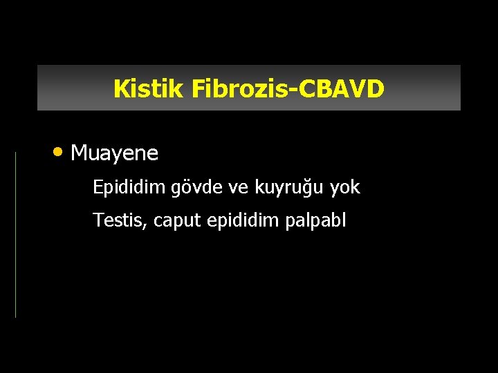Kistik Fibrozis-CBAVD • Muayene – Epididim gövde ve kuyruğu yok – Testis, caput epididim