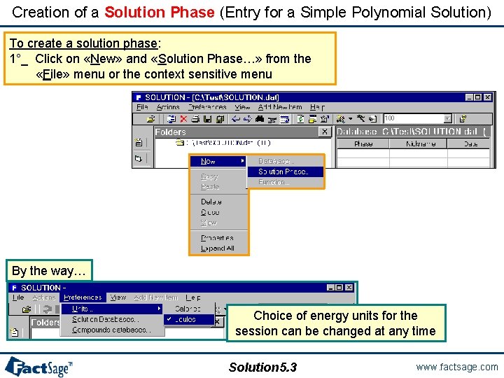 Creation of a Solution Phase (Entry for a Simple Polynomial Solution) To create a