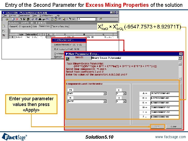 Entry of the Second Parameter for Excess Mixing Properties of the solution Enter your