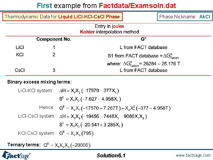 First example from Factdata/Examsoln. dat Thermodynamic Data for Liquid Li. Cl-KCl-Cs. Cl Phase Nickname: