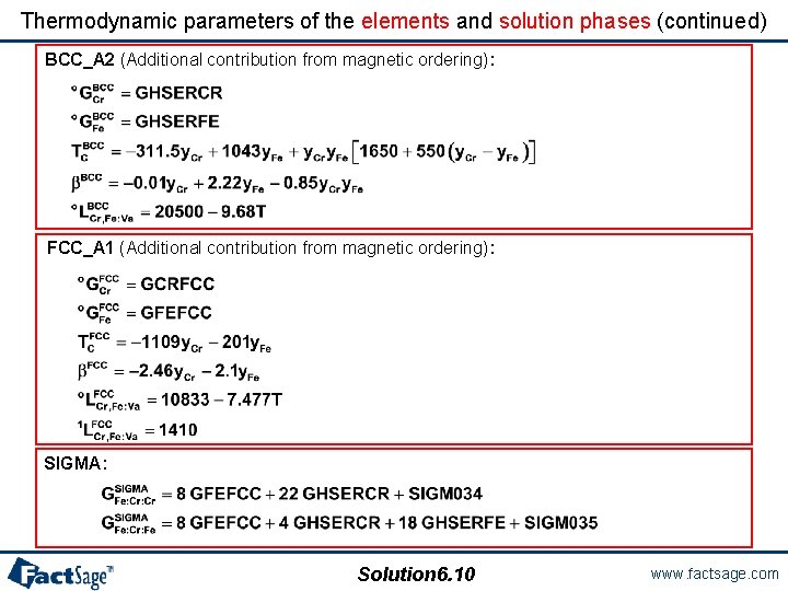 Thermodynamic parameters of the elements and solution phases (continued) BCC_A 2 (Additional contribution from