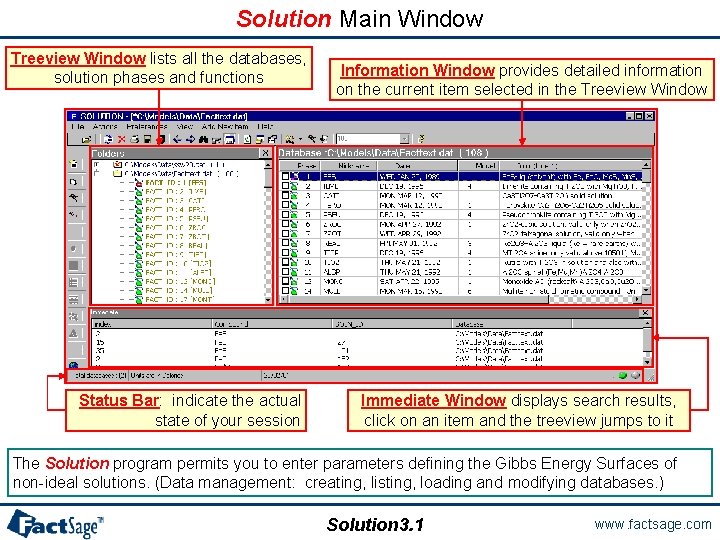 Solution Main Window Treeview Window lists all the databases, solution phases and functions Status