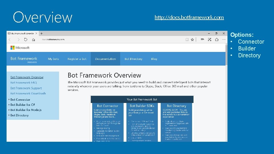 Overview http: //docs. botframework. com Options: • Connector • Builder • Directory 