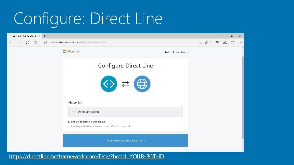 Configure: Direct Line https: //directline. botframework. com/Dev/? bot. Id=YOUR-BOT-ID 